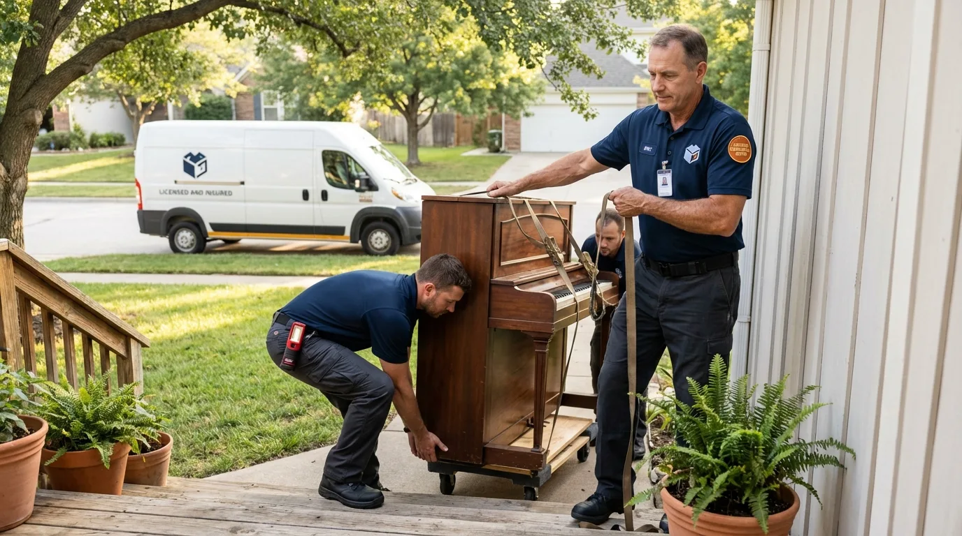 Licensed piano movers securing grand piano in Oakwood, GA