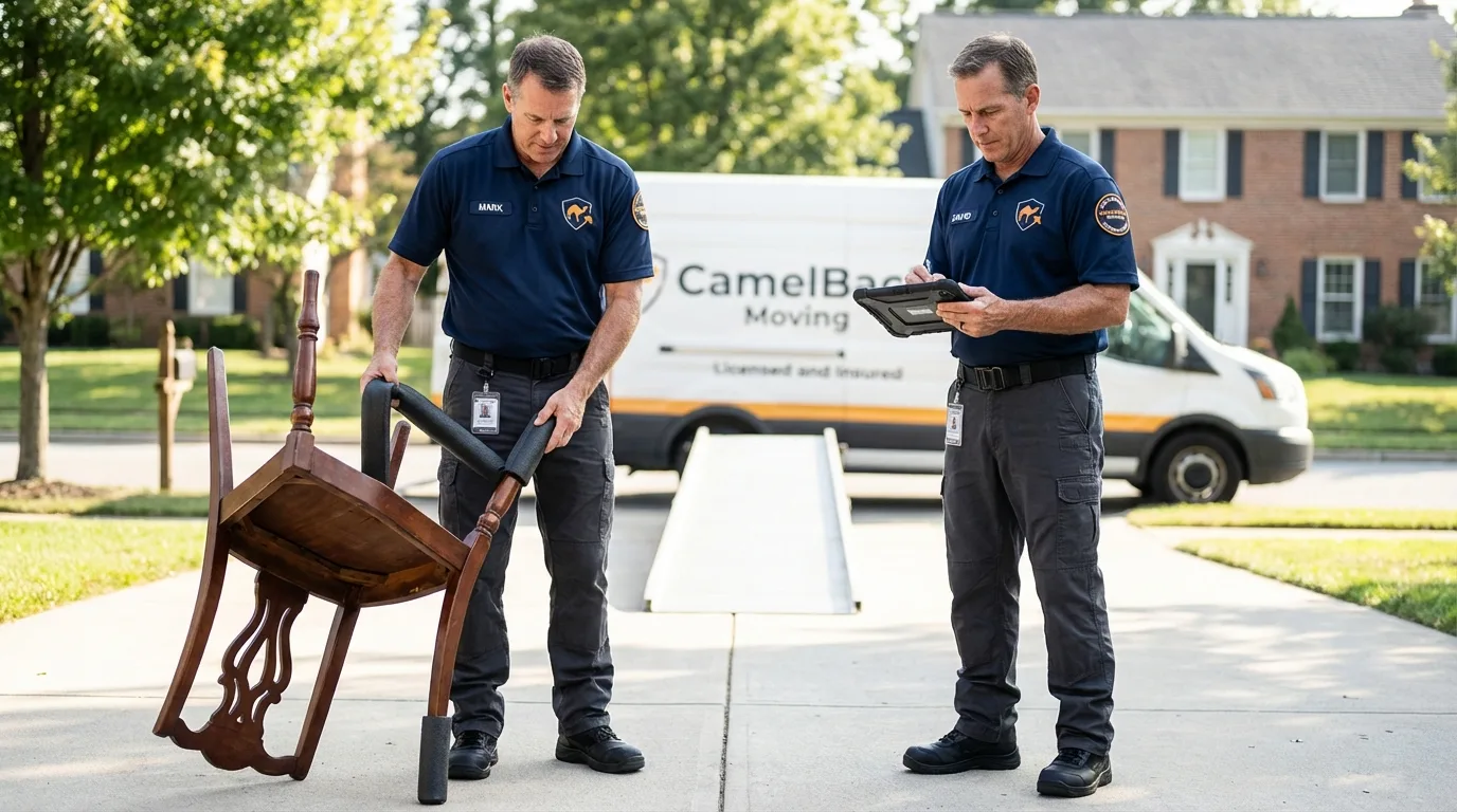 Movers inspecting furniture for damage prevention before loading in Oakwood, GA