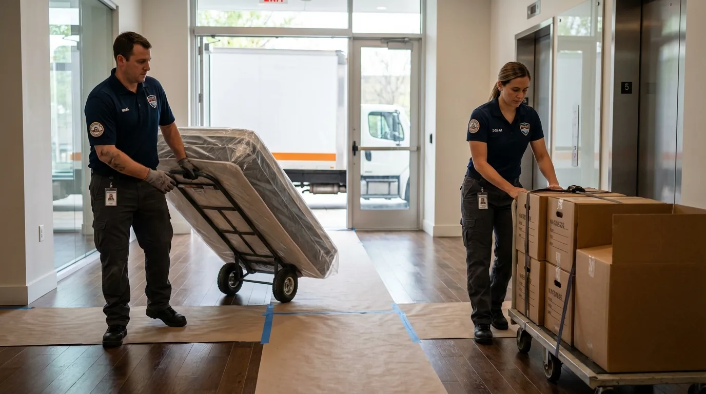 Professional apartment movers loading elevator in Oakwood, GA